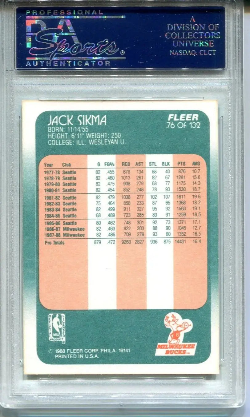 Graded Jack Sikma Fleer basketball card from 1988, PSA 9, Milwaukee Bucks trading card