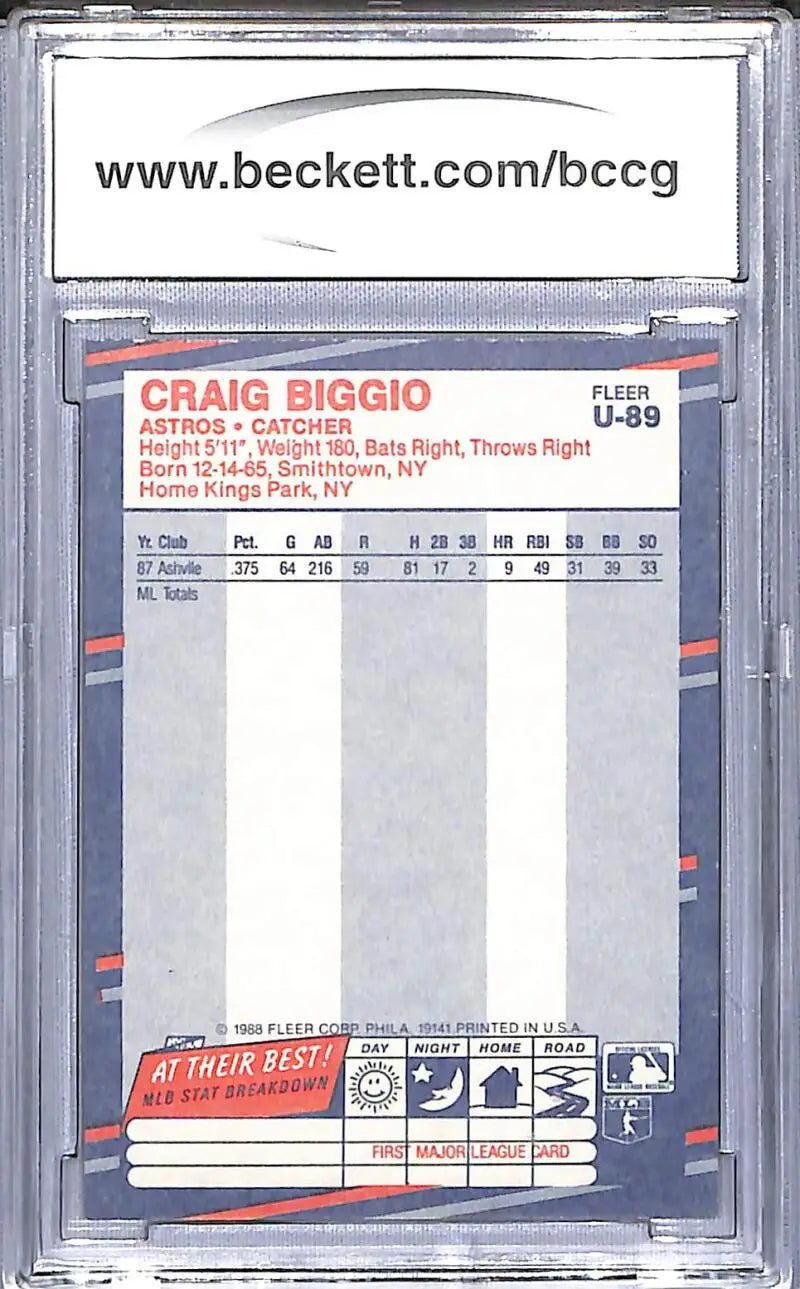 Graded 1989 Fleer Update Glossy Craig Biggio BCCG 10 Mint or Better card