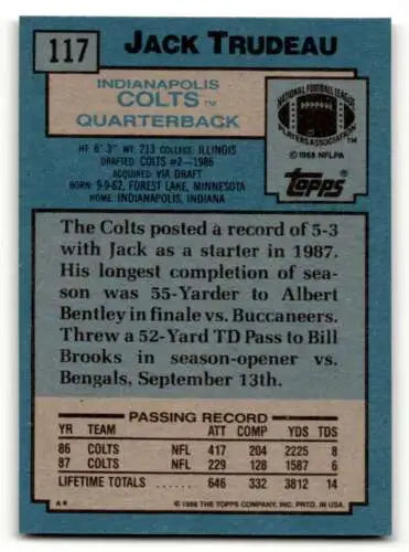 Jack Trudeau Indianapolis Colts football card in original gloss condition, 1988 Topps