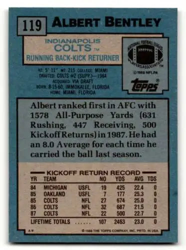 Original gloss 1988 Topps Albert Bentley Indianapolis Colts football card EX