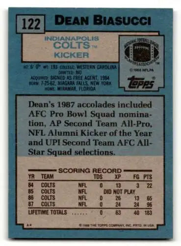 1988 Topps #122 Dean Biasucci Indianapolis Colts football card original gloss condition