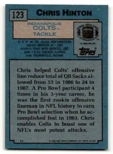 1988 Topps #123 Chris Hinton Indianapolis Colts Football Card with original gloss