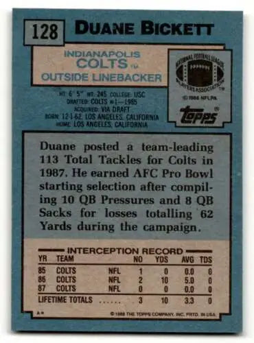 1988 Topps Duane Bickett Indianapolis Colts Football Card Original Gloss EX/N ID:62477