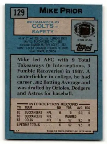 1988 Topps #129 Mike Prior Indianapolis Colts Football Card with original gloss