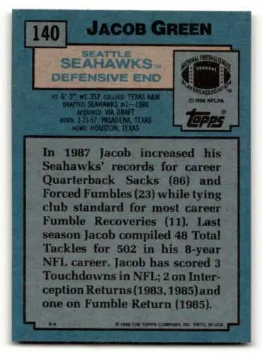 Jacob Green Seattle Seahawks football card 1988 Topps #140 original gloss quality