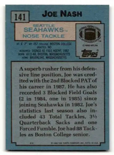 Joe Nash Seattle Seahawks football card featuring original gloss from 1988 Topps #141