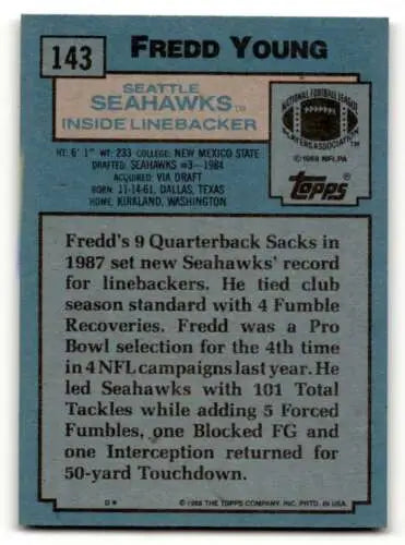 Fredd Young Seattle Seahawks football card with original gloss from 1988 Topps