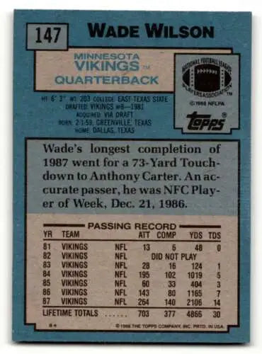 Wade Wilson Minnesota Vikings football card with original gloss from 1988 Topps EX/NM