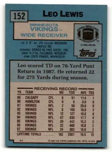 Original gloss 1988 Topps #152 Leo Lewis Minnesota Vikings football card EX/NM