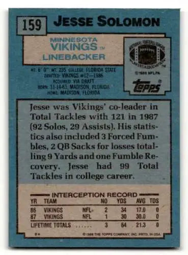 Jesse Solomon Minnesota Vikings 1988 Topps #159 Football Card with original gloss