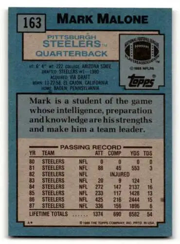 Mark Malone Pittsburgh Steelers football card, original gloss, 1988 Topps #163