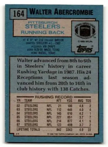 1988 Topps #164 Walter Abercrombie Pittsburgh Steelers football card with original gloss