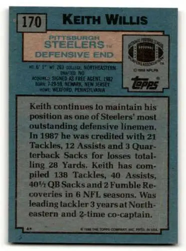 Keith Willis Pittsburgh Steelers Football Card 1988 Topps original gloss collectible