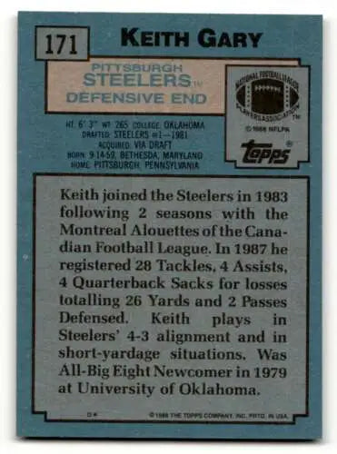 Original gloss 1988 Topps #171 Keith Gary Pittsburgh Steelers football card