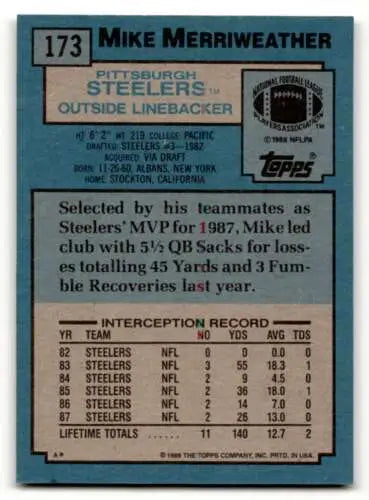 Original gloss 1988 Topps #173 Mike Merriweather Pittsburgh Steelers football card