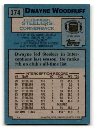 Dwayne Woodruff Pittsburgh Steelers football card with original gloss, 1988 Topps #174