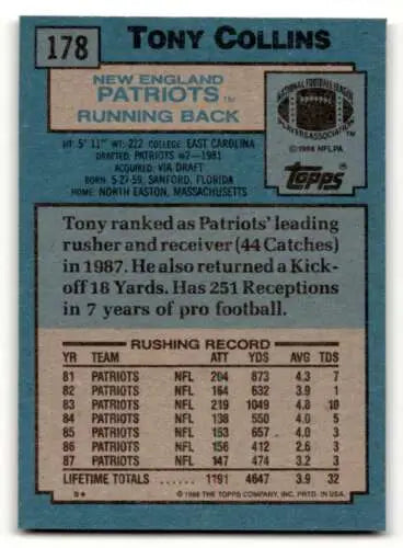 Tony Collins 1988 Topps #178 New England Patriots football card with original gloss