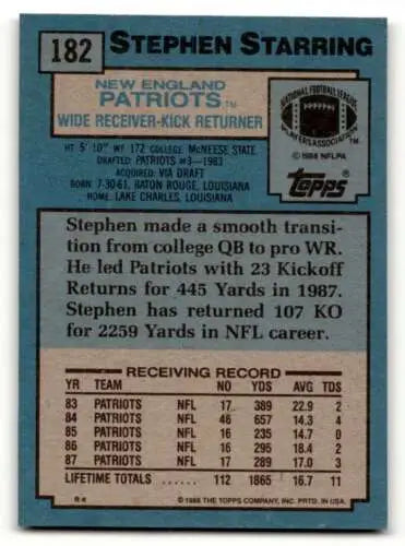 1988 Topps #182 Stephen Starring New England Patriots Football Card original gloss