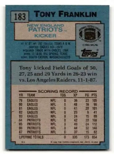 Tony Franklin 1988 Topps #183 New England Patriots football card with original gloss
