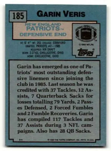 Garin Veris 1988 Topps #185 card featuring original gloss from New England Patriots football