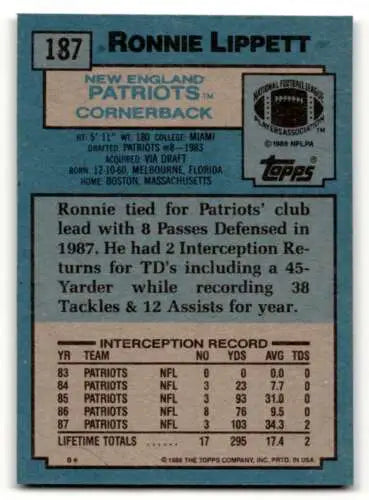 1988 Topps #187 Ronnie Lippett original gloss England Patriots football card