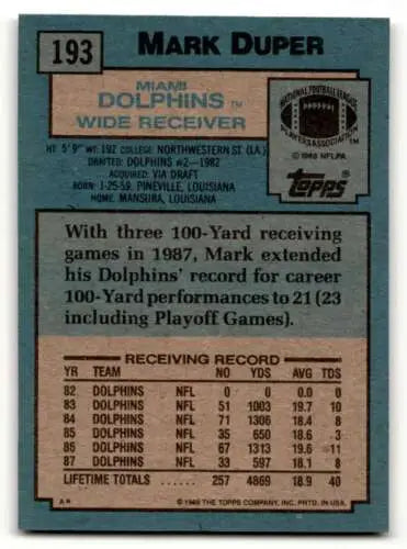 Mark Duper Miami Dolphins football card back showcasing original gloss design