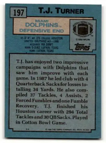 T.J. Turner Miami Dolphins football card with original gloss from 1988 Topps collection
