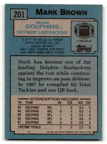 Original gloss 1988 Topps #201 Mark Brown Miami Dolphins Football Card EX/NM