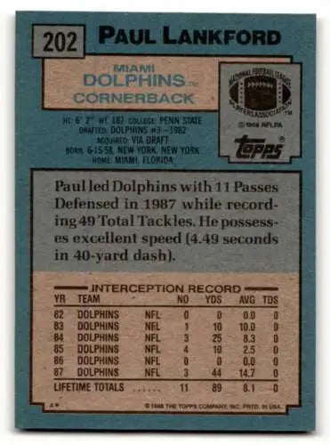 Paul Lankford Miami Dolphins Football Card 1988 Topps Original Gloss EX/NM