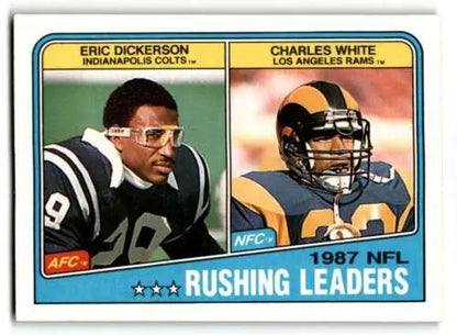 1987 NFL Rushing Leaders trading card featuring Eric Dickerson and White LL Indianapolis Colts