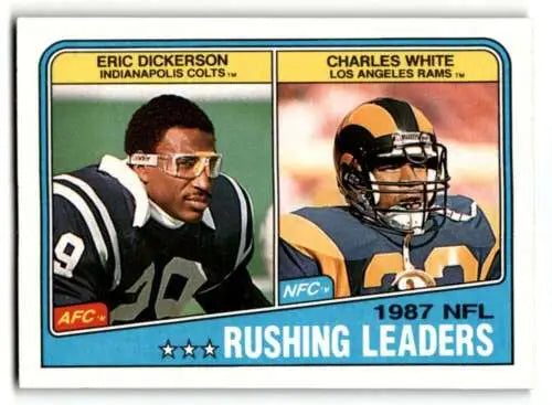1987 NFL Rushing Leaders trading card featuring Eric Dickerson and White LL Indianapolis Colts