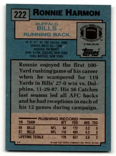 1988 Topps #222 Ronnie Harmon Buffalo Bills Football Card with original gloss quality