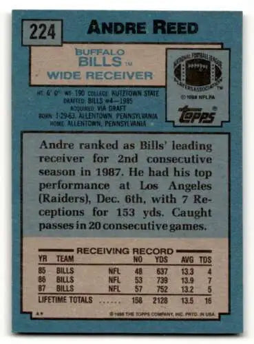 1988 Topps #224 Andre Reed Buffalo Bills Football Card with original gloss EX/NM
