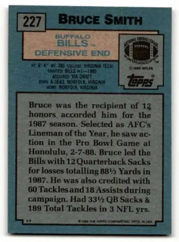 1988 Topps #227 Bruce Smith Buffalo Bills Football Card with original gloss finish