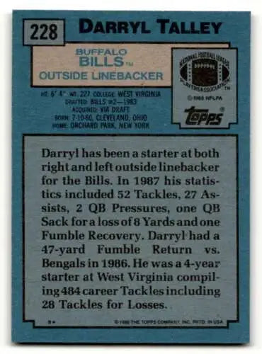 Darryl Talley Buffalo Bills football card with original gloss from 1988 Topps #228