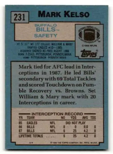 1988 Topps #231 Mark Kelso Buffalo Bills football card with original gloss finish