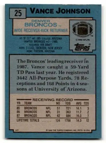 Vance Johnson Denver Broncos football card 1988 Topps original gloss quality EX/NM