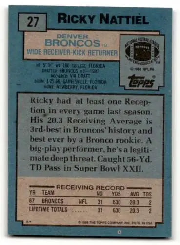 Ricky Nattiel Denver Broncos football card featuring original gloss and EX/NM condition