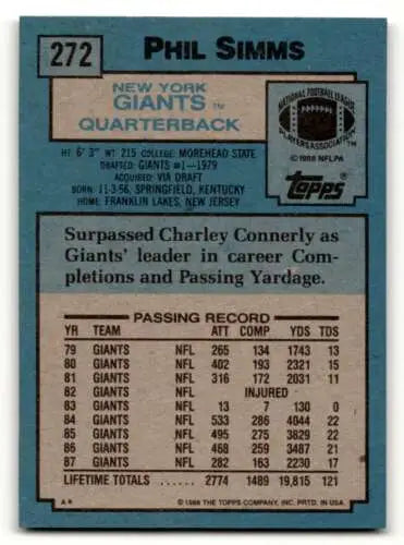Phil Simms 1988 Topps #272 New York Giants football card with original gloss finish