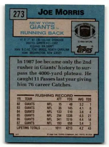 1988 Topps #273 Joe Morris New York Giants Football Card in original gloss condition