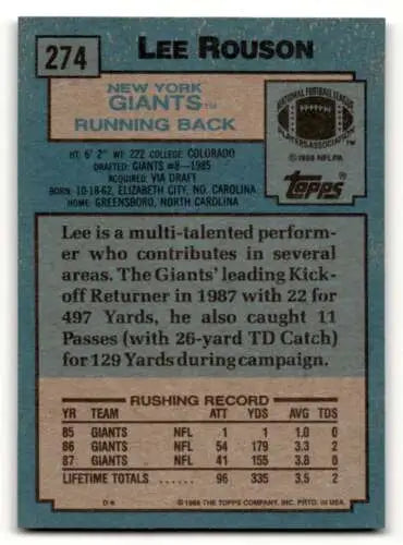 1988 Topps #274 Lee Rouson New York Giants football card with original gloss finish
