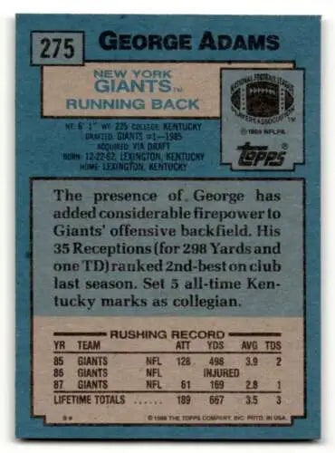 Vintage 1988 Topps New York Giants football card featuring original gloss George Adams