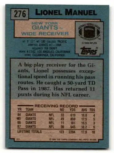 1988 Topps #276 Lionel Manuel New York Giants football card with original gloss