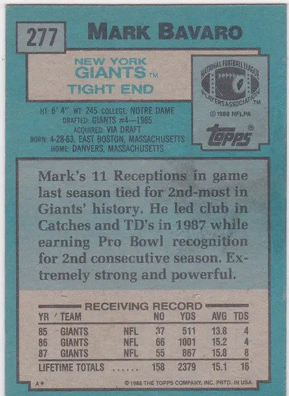 Football trading card of Mark Bavaro from the New York Giants with 1988 Topps design