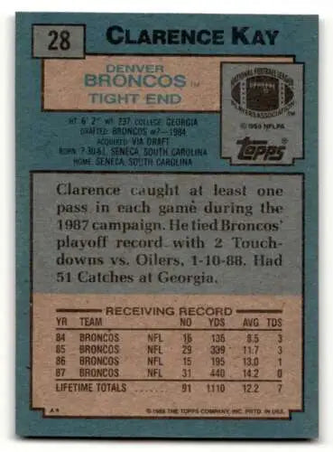 Original gloss 1988 Topps #28 Clarence Kay Denver Broncos football card in EX/NM condition