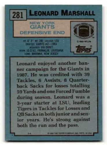 1988 Topps #281 Leonard Marshall New York Giants Football Card with original gloss