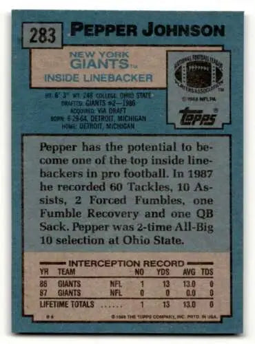 1988 Topps #283 Pepper Johnson New York Giants Football Card with original gloss