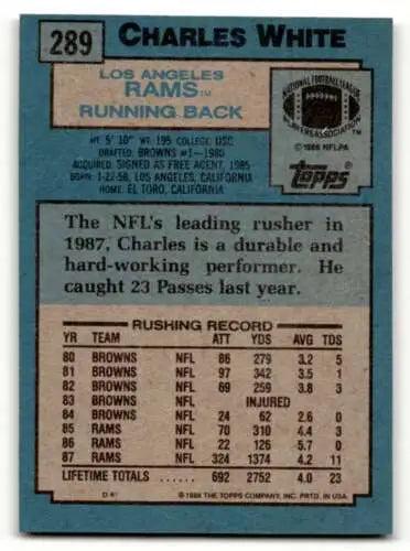 1988 Topps #289 Charles White Los Angeles Rams Football Card with original gloss finish
