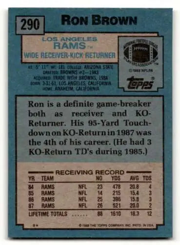 1988 Topps #290 Ron Brown Los Angeles Rams football card with original gloss finish