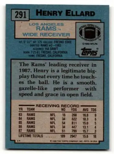 Henry Ellard Los Angeles Rams football card back showcasing original gloss features